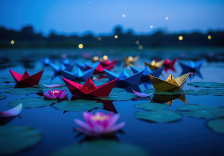 A magical scene featuring a fleet of red, blue, and gold paper boats floating among pink water lilies and lily pads on dark water at dusk. this whimsical image evokes feelings of adventure and tranquility.の素材