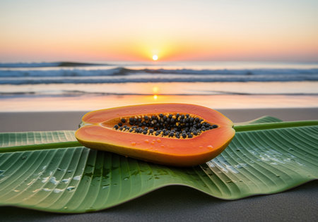 A vibrant half of a ripe papaya, displaying its orange flesh and black seeds, rests on a fresh green banana leaf on a sandy beach. the scene is illuminated by a beautiful ocean sunrise, evoking tropical vacation and healthy eating.の素材