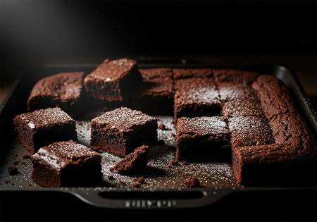 Decadent, moist dark chocolate fudge brownies are cut into squares and sprinkled with powdered sugar, presented on a dark baking sheet for a dramatic food photography look.の素材