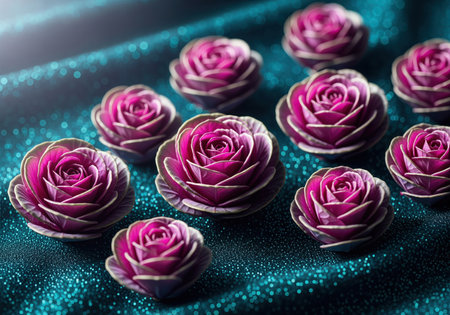 Miniature purple ornamental cabbages, resembling roses, are beautifully arranged on a shimmering, dark blue background. ideal for themes of luxury, decoration, or unique floral design.の素材