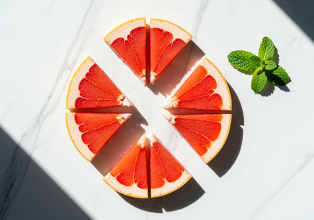 Overhead view of bright pink grapefruit slices arranged geometrically on a white surface, accompanied by fresh mint leaves. perfect for healthy eating or recipe concepts.の素材