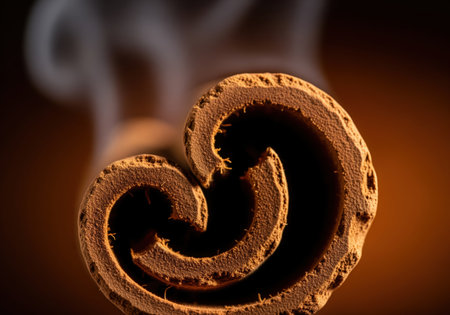 Detailed macro photograph capturing the rough, spiral texture of a single cinnamon stick. faint steam rises, emphasizing the warm, spicy aroma of this popular culinary spice.の素材
