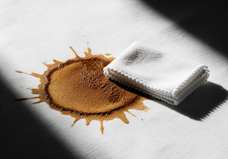 Close up view of a fresh coffee spill soaking into white upholstery or clothing, ready to be wiped up using a small white cleaning towel.の素材