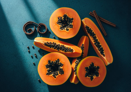 Ripe papaya fruit cut into halves and rounds, showcasing the juicy orange interior and black seeds. perfect for healthy eating, tropical cuisine, or food photography.の素材
