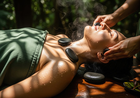 A woman relaxes during a therapeutic hot stone massage outdoors in a lush spa environment. steam rises from the heated stones placed on her body, symbolizing deep relaxation and wellness.の素材