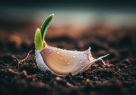 Close up of a garlic clove covered in water droplets, planted in rich soil, featuring a vibrant green sprout symbolizing growth, agriculture, and organic food.の素材