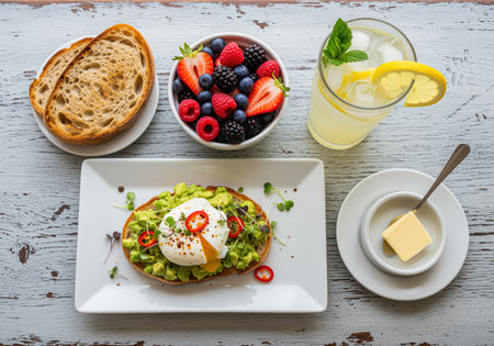 An overhead flat lay of a delicious and healthy brunch featuring avocado toast topped with a poached egg, a bowl of mixed berries, and a refreshing lemonade drink.の素材