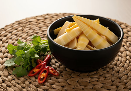 Delicious preserved bamboo shoots presented in a dark ceramic bowl, garnished with fresh coriander and spicy red chilies on a woven mat. perfect for asian cuisine concepts.の素材