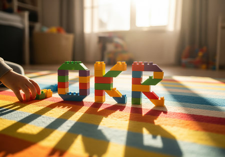 The acronym OKR objectives and key results is constructed using vibrant, multicolored plastic building blocks on a bright, striped carpet. a child hand is visible nearby, suggesting learning, planning, and strategy development.の素材