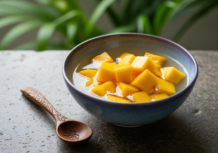 A close up shot of bright yellow mango chunks soaking in clear, sweet liquid, presented in a rustic blue bowl next to an ornate wooden spoon.の素材