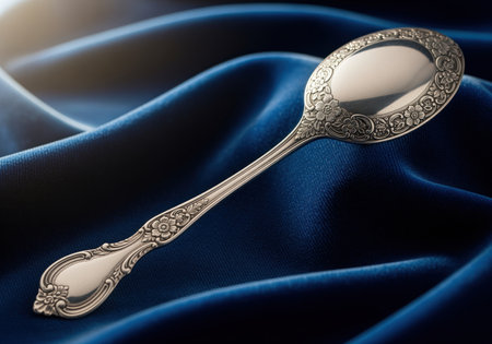 Highly detailed ornate silver spoon featuring intricate floral relief work. this vintage piece of fine cutlery is ideal for themes of luxury, heritage, and antique collections.の素材