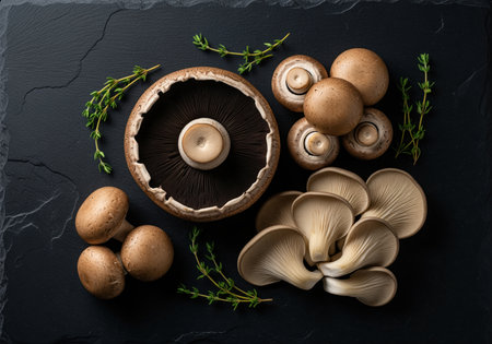 A beautiful overhead flat lay of various fresh mushrooms including portobello, cremini, and oyster mushrooms, garnished with thyme on a dark surface. perfect for cooking and recipe concepts.の素材