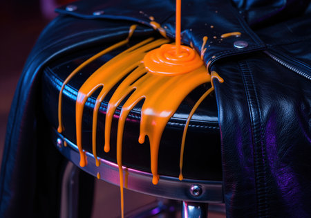 Dramatic close up of thick, vibrant orange liquid pouring and dripping onto a glossy black leather jacket. the high contrast colors create an edgy, messy aesthetic perfect for fashion or abstract art concepts.の素材