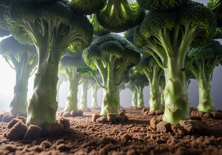 An imaginative low angle view transforming broccoli stalks into giant trees forming a whimsical miniature forest growing out of rich brown soil. this creative concept is ideal for healthy eating campaigns or fantasy themes.の素材