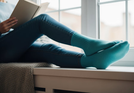 Close up of legs in denim jeans and cozy turquoise socks resting on a window ledge while reading. perfect for themes of comfort, home life, and relaxation.の素材