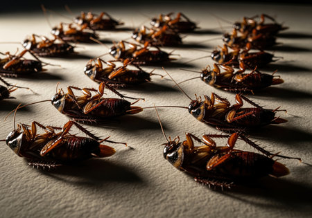 Numerous dead cockroaches are shown belly up in dramatic lighting, illustrating themes of pest control, extermination, and severe insect infestation.の素材