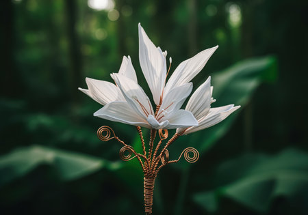 Detailed view of a beautiful, handcrafted artificial flower featuring delicate white fabric petals and an elaborate stem made of twisted copper wire with decorative spirals.の素材