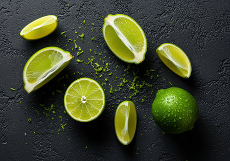 Juicy, bright green lime slices and a whole wet lime are arranged dramatically on a dark background, perfect for food or cocktail themes.の素材