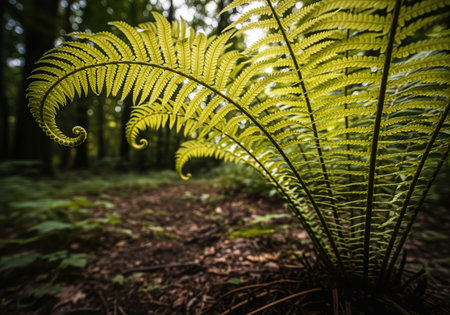 Detailed view of bright, segmented fern fronds and coiled fiddleheads glowing against the dark, moody forest floor.の素材