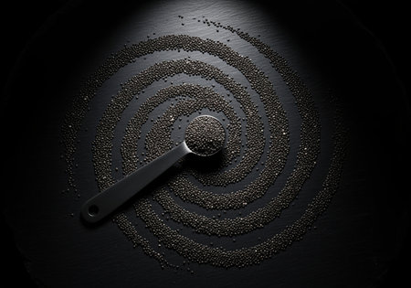 Black chia seeds are meticulously arranged in concentric circles around a dark spoon, creating a dramatic, high contrast food composition.の素材