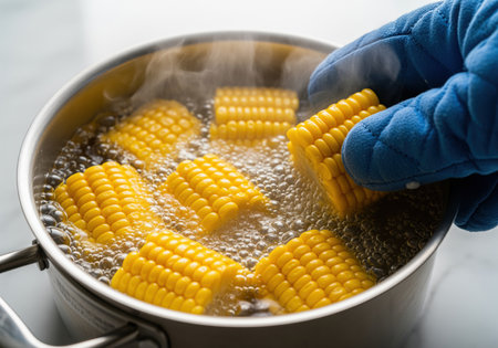 Close up of bright yellow sweet corn pieces boiling in a metal pot. a gloved hand is handling one piece. this image is suitable for food preparation and recipe content.の素材
