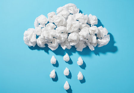 A conceptual image showing a rain cloud and raindrops constructed entirely from crumpled white paper tissues against a vibrant blue backdrop. this visual metaphor is suitable for themes related to illness, allergies, or sadness.の素材