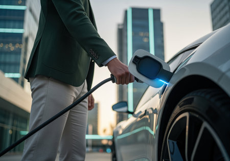A professional person plugs a charging cable into an electric vehicle in a modern city setting, highlighting sustainable transportation and green technology use.の素材