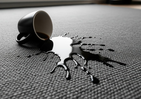 A black ceramic coffee cup has tipped over, causing a large, dark liquid spill across a tightly woven gray carpet. this depicts an unfortunate household accident or cleaning challenge.の素材