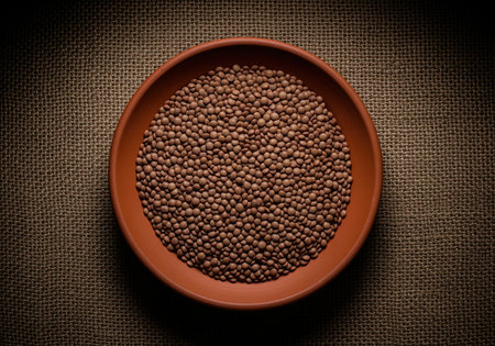 Raw brown lentils are displayed in a rustic terracotta bowl, captured with dramatic lighting. ideal for food blogs, recipes, and healthy eating themes.の素材