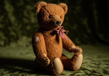 A classic, deeply textured brown teddy bear sits thoughtfully, adorned with a maroon ribbon and a stitched patch, evoking nostalgia and childhood memories.の素材