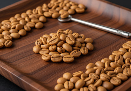 A close up view of light roast arabica coffee beans, featuring a cinnamon brown color, carefully arranged on a polished dark wooden serving tray alongside a small metal spoon.の素材