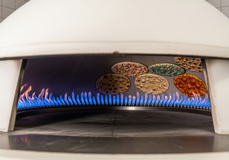 Multiple colorful flatbreads are rapidly baking inside a white, domed commercial gas oven, illuminated by a ring of intense blue flames.の素材