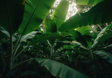 Lush, dark green banana leaves dominate the frame in a dense tropical plantation, captured from a low angle with dramatic sunlight filtering through the foliage.の素材