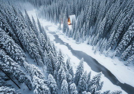 A remote wooden cabin glows amidst a dense, snow covered coniferous forest, viewed from above. a winding river cuts through the pristine winter landscape, evoking solitude and peace.の素材