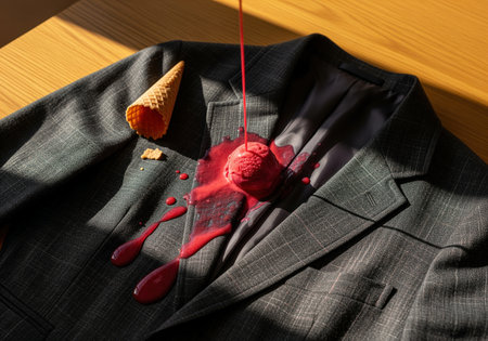 Dramatic close up of a messy accident where bright red ice cream and syrup are staining a formal charcoal blazer and suit fabric.の素材