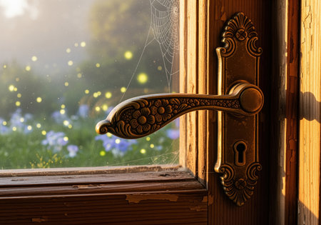 An ornate brass lever handle on a rustic window frame, bathed in golden light, offers a view into a mysterious garden glowing with magical bokeh lights.の素材
