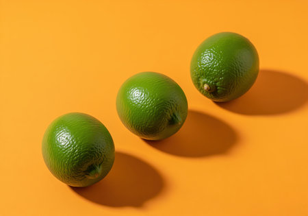 Three fresh, whole green limes are placed diagonally on a vibrant orange surface, casting sharp shadows. ideal for showcasing healthy eating, cocktails, or citrus flavor.の素材