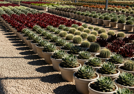 Organized cultivation of drought resistant plants, showing multiple species of succulents and cacti lined up in pots on gravel ground under bright sunlight.の素材