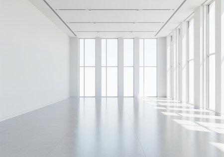 A bright, empty, modern architectural space featuring high ceilings, white walls, and a continuous row of tall, vertical windows flooding the room with light.の素材