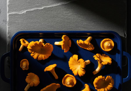 Fresh, vibrant orange chanterelle mushrooms are scattered on a dark blue cooking tray, captured with dramatic lighting for a high contrast culinary image.の素材