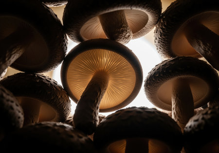 Close up, low angle view of shiitake mushrooms. backlighting illuminates the delicate gills, emphasizing texture and structure for food or nature concepts.の素材