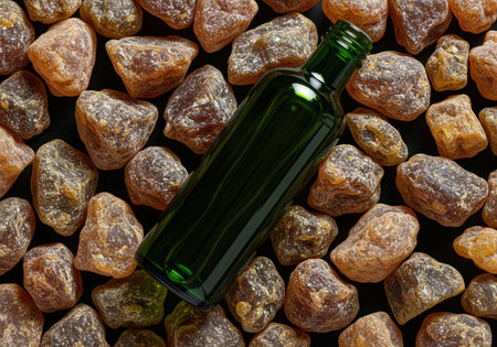 A cylindrical dark green glass bottle is positioned diagonally across a dense scattering of rough, translucent amber resin pieces. ideal for showcasing natural products or essential oils.の素材
