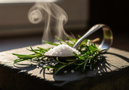 Dramatic close up of coarse sea salt and fresh rosemary on a silver spoon, highlighted by rising steam and moody lighting. perfect for food blogs or recipe books.の素材