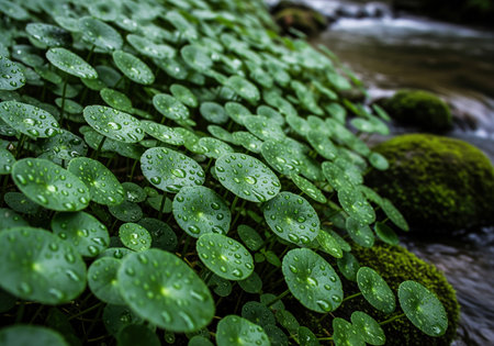 Dense patch of round, wet centella asiatica leaves thriving near a natural stream, highlighted by numerous clear water drops. ideal for nature, wellness, or herbal medicine themes.の素材