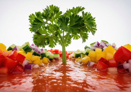 An artistic macro photograph showing fresh, colorful diced vegetables like peppers, cucumbers, and onions surrounding a sprig of parsley standing in a red tomato soup base, resembling a miniature landscape.の素材