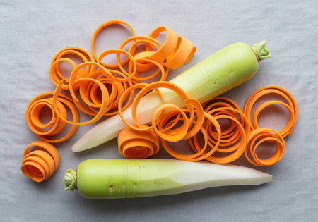Overhead flat lay featuring two partially peeled daikon radishes next to a pile of thin, curly sweet potato shavings. this vibrant arrangement suggests healthy eating, raw food preparation, and fresh ingredients for salads or garnishes.の素材