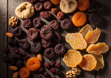 Overhead view of a rich assortment of healthy dried fruits and nuts, such as prunes, apricots, figs, candied ginger, almonds, and walnuts.の素材