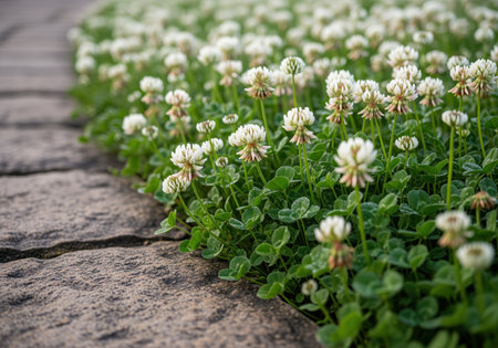Close up view of a lush patch of white clover trifolium repens featuring numerous white flower heads and green leaves bordering a textured stone path. this scene evokes spring and natural growth.の素材