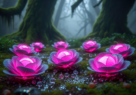 Glowing pink fantasy flowers rest on the damp, moss covered forest floor, surrounded by water droplets and ancient trees in a mystical, foggy setting.の素材