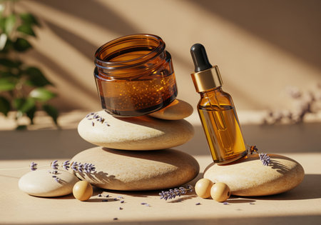 Amber glass jar and dropper bottle containing skincare products are balanced on smooth zen stones, accented by lavender flowers and warm sunlight.の素材